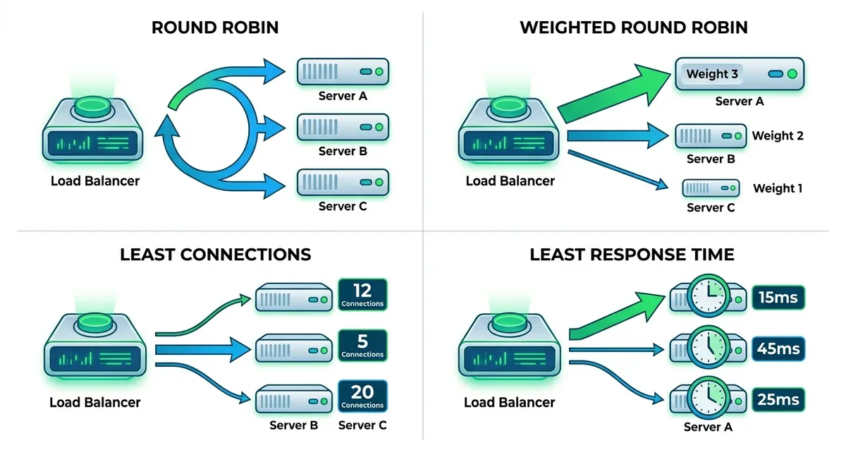 Sơ đồ so sánh 4 thuật toán load balancing: chia thành 4 phần, mỗi phần minh họa một algorithm - Round Robin với mũi tên xoay vòng đều, Weighted RR với mũi tên có độ dày khác nhau, Least Connections với số đếm connection trên mỗi server, Least Response Time với đồng hồ hiển thị latency trên mỗi server, phong cách infographic hiện đại, nền trắng, màu chủ đạo xanh lá và xanh dương