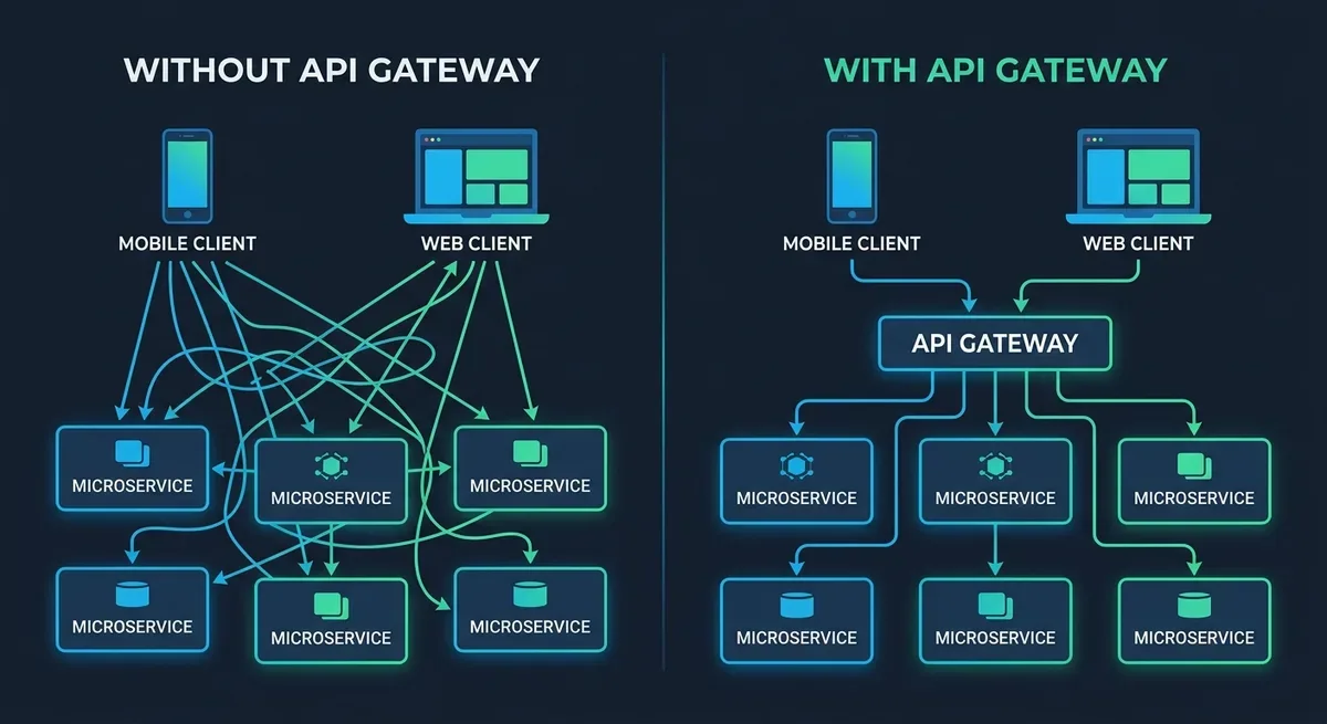Sơ đồ so sánh hai kiến trúc: bên trái client gọi trực tiếp đến nhiều microservices với các đường kết nối chằng chịt lộn xộn, bên phải client chỉ gọi đến một API Gateway duy nhất rồi gateway điều hướng đến các services phía sau, clean flat design trên nền tối