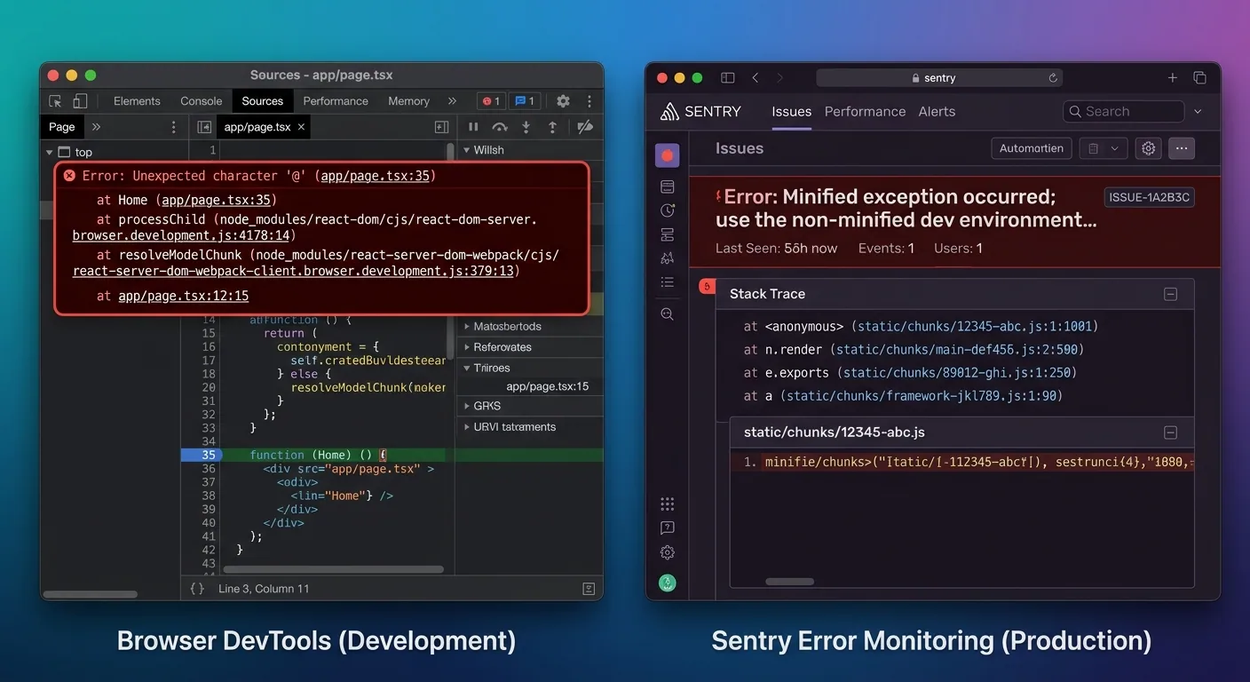 So sánh hai màn hình: bên trái là browser DevTools hiển thị stack trace rõ ràng với tên file gốc và line number chính xác, bên phải là Sentry dashboard hiển thị stack trace toàn chunk names ngẫu nhiên, phong cách split-screen với nền tối