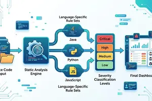 SonarQube security scan workflow diagram showing source code flowing through static analysis engine, security rules being applied per language, severity classification, and results consolidated in a central dashboard with issue tracking and assignment features, clean flat design with blue and green accent colors