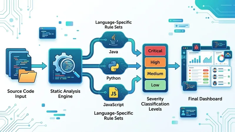 SonarQube security scan workflow diagram showing source code flowing through static analysis engine, security rules being applied per language, severity classification, and results consolidated in a central dashboard with issue tracking and assignment features, clean flat design with blue and green accent colors