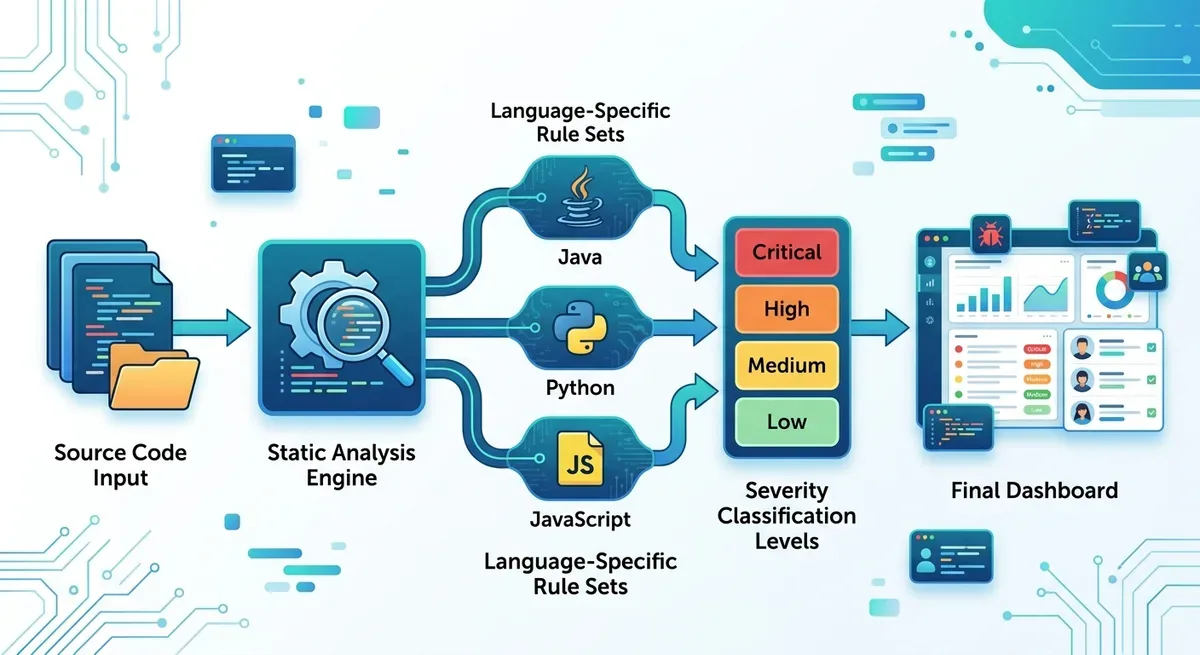 SonarQube security scan workflow diagram showing source code flowing through static analysis engine, security rules being applied per language, severity classification, and results consolidated in a central dashboard with issue tracking and assignment features, clean flat design with blue and green accent colors
