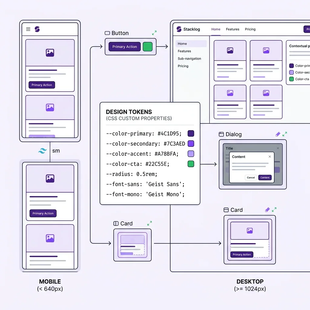 side by side, each showing the same Next.js app adapting its layout using Tailwind breakpoints, connected to a central design tokens panel showing CSS custom properties like --color-primary and --radius, Shadcn UI components like Button and Dialog shown as building blocks, flat modern illustration style with indigo and slate colors)